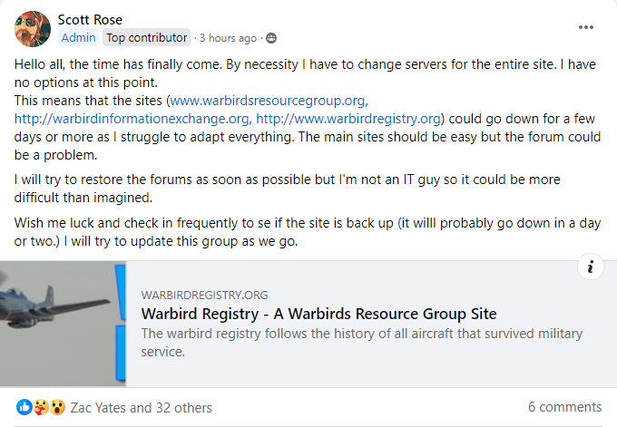 Warbird Information Exchange Server Change Facebook Post.png